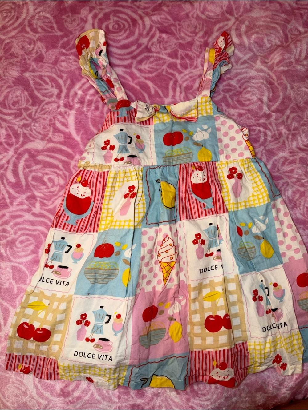 Kiwi Multicolor Patchwork Fruit & Dessert Print Sundress - Pink Blue Yellow Red